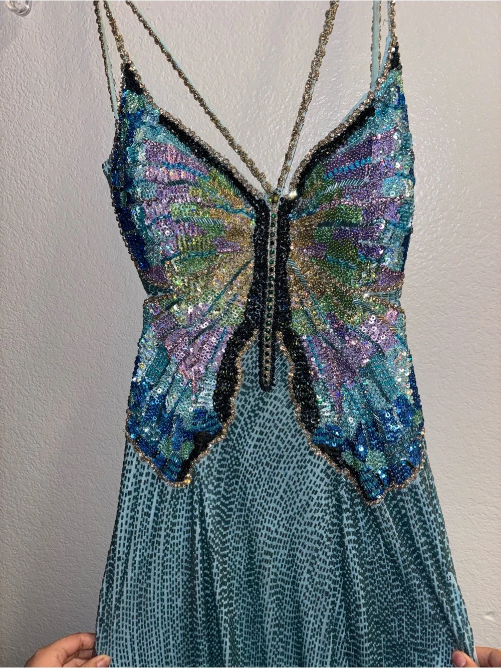 Sherri Hill Blue Iridescent Butterfly Bodice Evening Gown - Picture 3 of 9